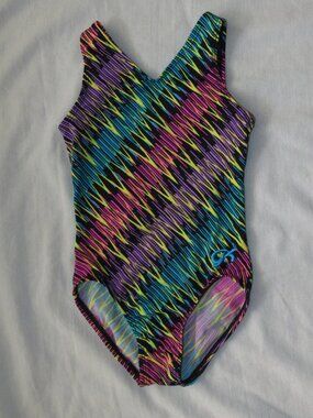 GK Elite Neon Zig Zag Gymnastics Leotard CS Child Small Black Pink Purple Blue